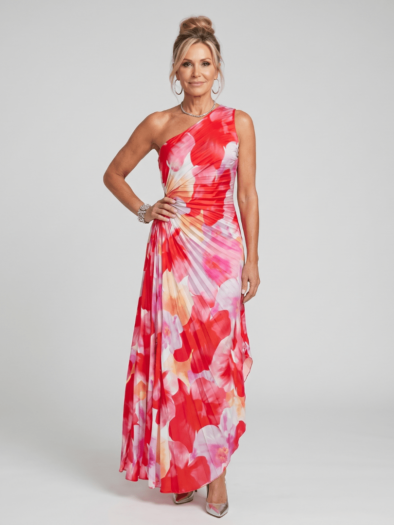 One shoulder midi dress featuring a pleated bodice, designed for a lightweight fluid fit, perfect for both casual and formal occasions. 0
